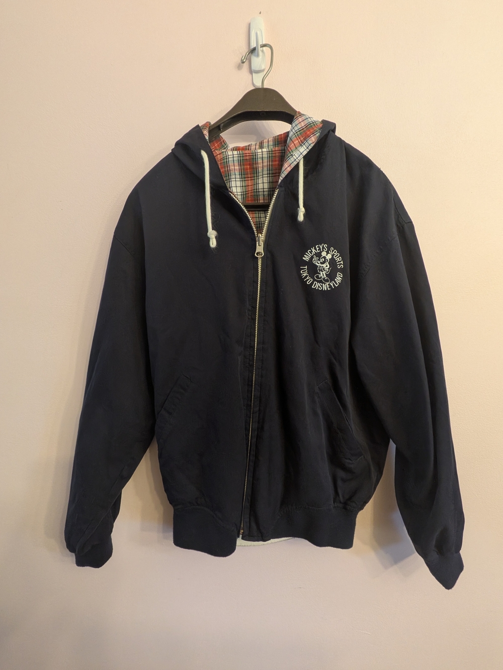 Tokyo Disneyland Navy/Plaid Reversible Hooded Zip Jacket RARE